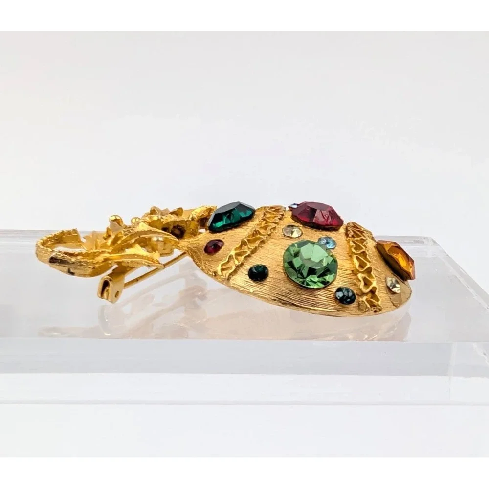 Vintage Gold Tone Ornament Brooch Rhinestone Christmas‎ Ball Statement Piece